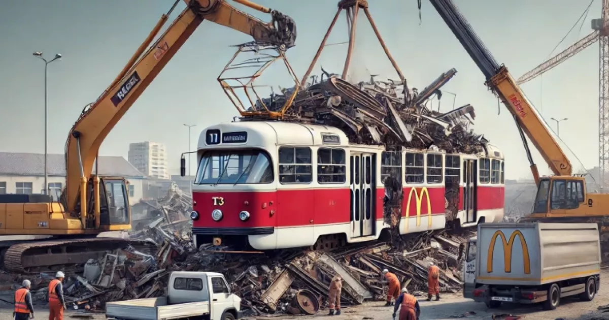 Культовий дитячий трамвай біля McDonald’s на Солом’янці відправили на металобрухт