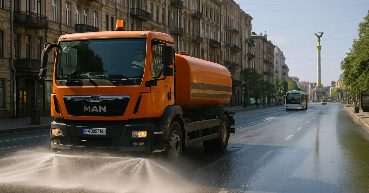 Київ у боротьбі зі спекою: вулиці освіжають холодним душем