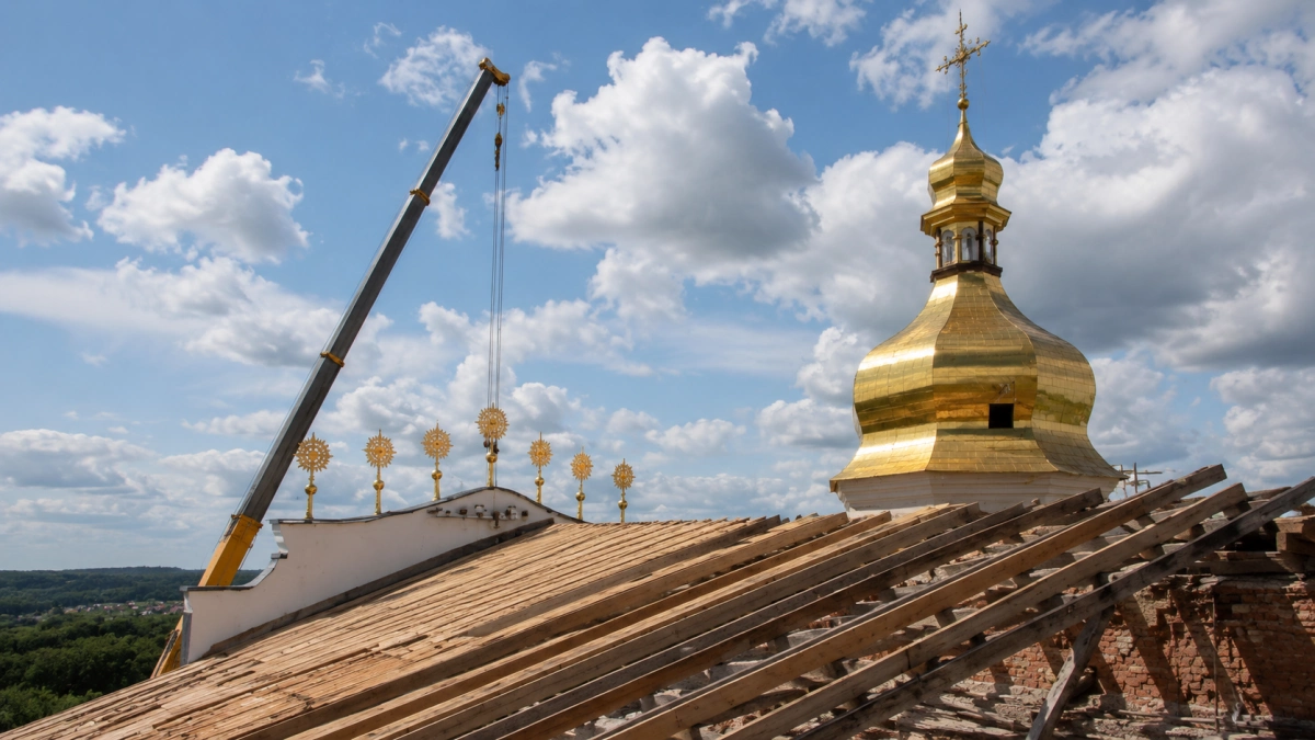 Працюють понад 100 рятувальників: у Києві показали, як захищають понівечений дах Успенського собору та сушать стіни після пожежі (фото)