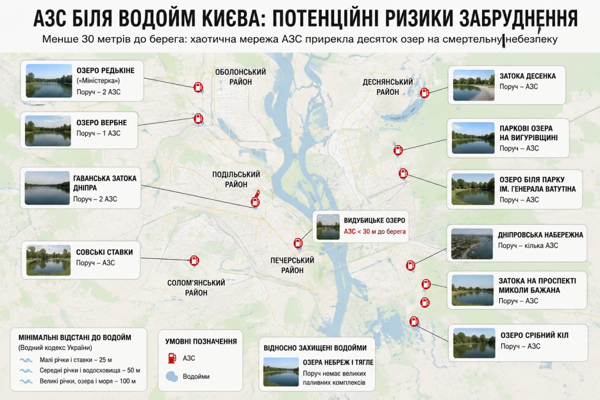 АЗС біля київських озер створюють екологічні ризики: журналісти назвали небезпечні локації