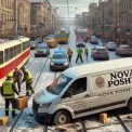 Автівка «Нової пошти» застрягла на коліях на Куренівці, зупинивши трамваї