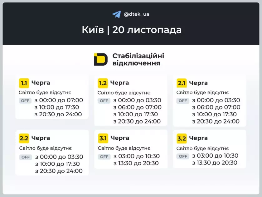 ДТЕК оприлюднив графіки: кияни 20 листопада матимуть світло лише 6–12,5 годин - 1