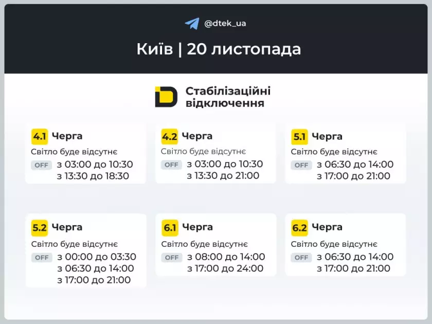 ДТЕК оприлюднив графіки: кияни 20 листопада матимуть світло лише 6–12,5 годин - 2