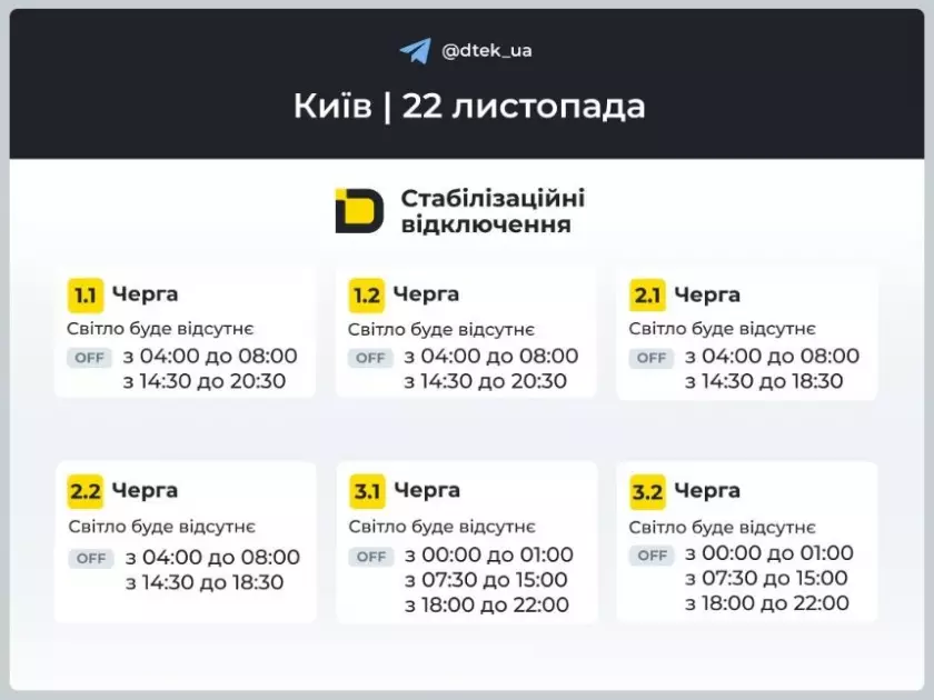 Київ і область знову за графіками: ДТЕК ввів стабілізаційні вимкнення електрики на 22 листопада - 1