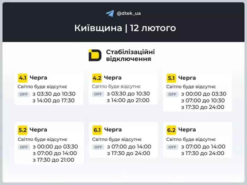 Графіки відключення світла на 12 лютого: коли не буде електроенергії на Київщині - 1