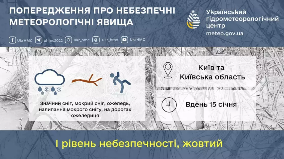 Сніг, ожеледиця і поривчастий вітер: у Києві та області оголосили жовтий рівень небезпеки - 1